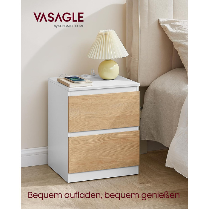 Приліжкова тумбочка VASAGLE Kailyn з розетками, 2 ящики, 2 AC-розетки, 2 USB-A порти, для спальні, хмарно-білий LET62W02
