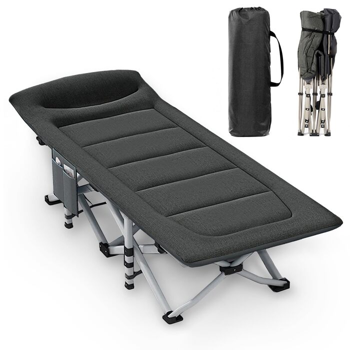 Розкладне кемпінгове ліжко CALIYO з матрацом, 200x80x40 см, витримує до 200 кг, сталевий каркас та тканина Оксфорд, чорне, з сумкою для зберігання