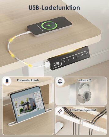 Електричний стіл OffiGo з регулюванням висоти, 120x60 см, з ящиком та USB, ергономічний, для комп'ютера, кленова поверхня