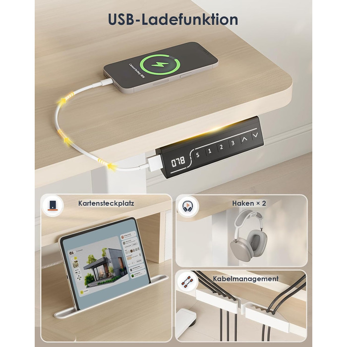 Електричний стіл OffiGo з регулюванням висоти, 120x60 см, з ящиком та USB, ергономічний, для комп'ютера, кленова поверхня