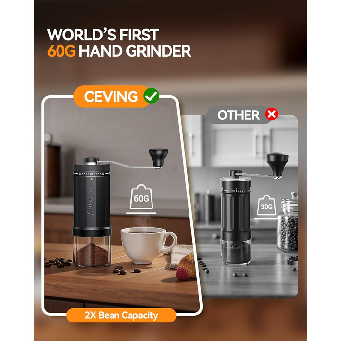 Ручна кавомолка MEGA PRO: кавомоля для еспресо, френч-пресу, подорожей. CNC жернова, 40 налаштувань, 30г