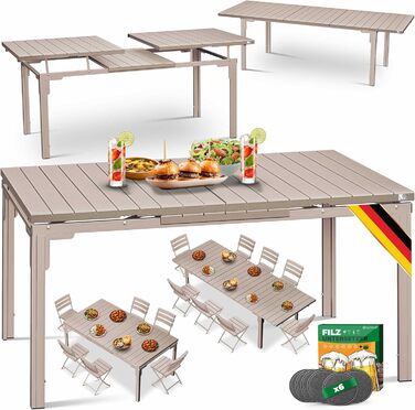 Розсувний садовий стіл KESSER® 180/240x90 см, на 8 осіб, з металевим каркасом та стільницею з HDPE, вологостійкий, UV-стійкий, з 6 підставками