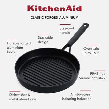 Сковорода-гриль KitchenAid 28 см Classic з антипригарним покриттям, алюміній, для індукційних плит, сумісна з духовкою до 160°C, можна мити в посудомийній машині
