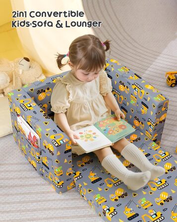 Дитяче диван-ліжко BEJOY 2 в 1: диванчик та крісло, Sherpa, сірий з машинками для дитячої кімнати, подарунок