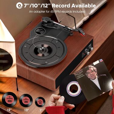 Вініловий програвач FYDEE з Bluetooth, вбудованими стерео-динаміками, ретро-дизайном, 3 швидкості (33/45/78 об/хв), RCA та AUX, каштановий