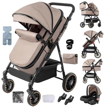 Дитяча коляска Nine Point Nine 3 в 1 з PU-шкіри, комплект з поворотним ручним керуванням, комбінована коляска для новонароджених, алюмінієвий каркас (L518 SilverBlue), моделі V8 Khaki
