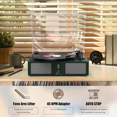Вініловий програвач Udreamer з Bluetooth, вбудованими динаміками, пасиковим приводом, ретро-дизайн, 3 швидкості, для дому, зелений