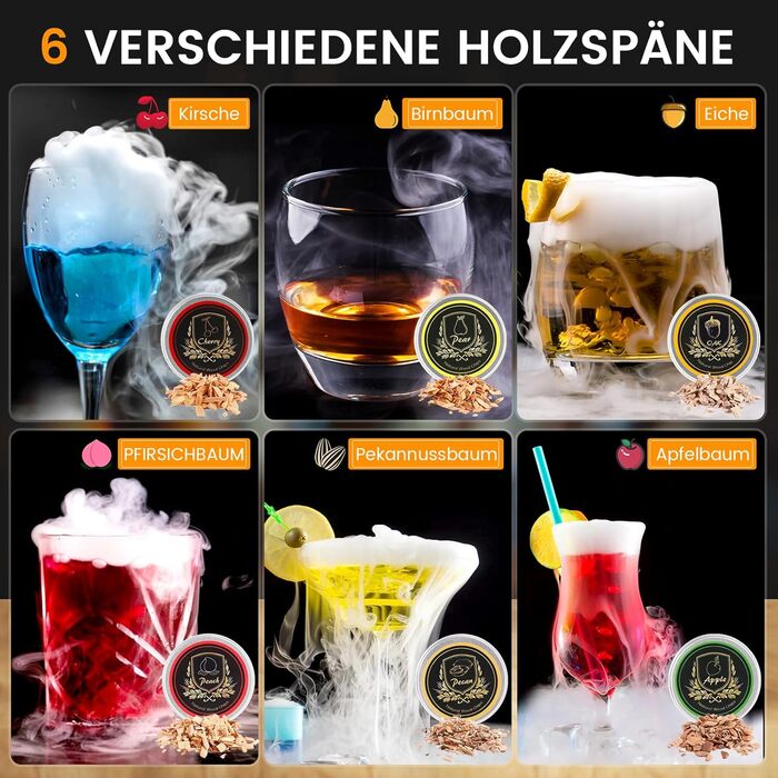 Набір для приготування віскі з димом: 6 смаків тирси, 2 склянки, форми для льоду, для віскі, бурбону, Old Fashioned, подарунок для чоловіків