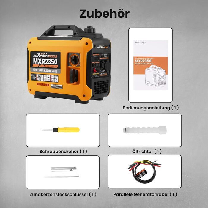 Інверторний генератор maXpeedingrods 2000W, бензиновий, 4-тактний з USB та 230V, цифровий дисплей, компактний, для кемпінгу та подорожей