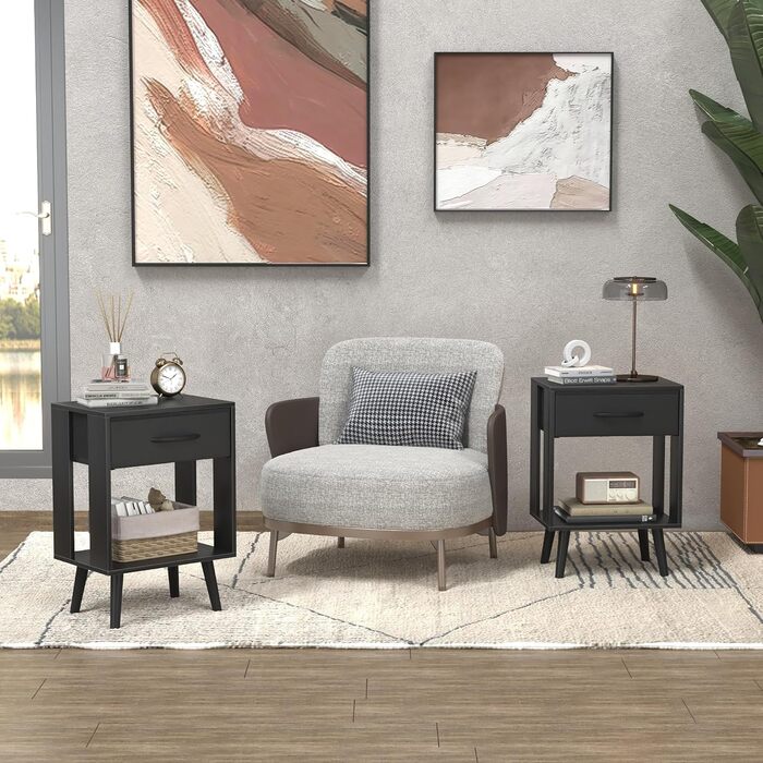 Набір з 2 тумбочок до ліжка, 40x30x60.3 см, чорний колір. Тумбочки з шухлядою для спальні, дитячої кімнати, як подарунок. Настільний столик, приліжкова тумбочка.