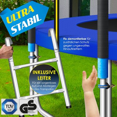 Батут KESSER для дітей та дорослих Ø305 см з сіткою, драбиною, захисним покриттям та сумкою - до 150 кг, блакитний