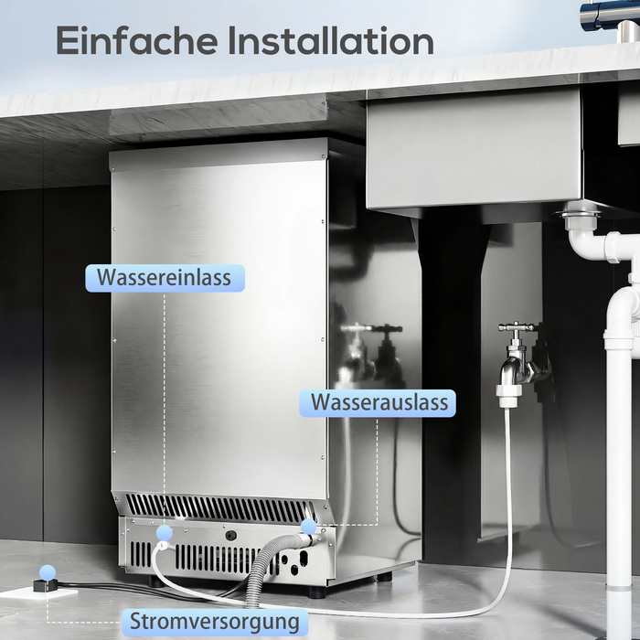 Промисловий льодогенератор на 45 кг/24 год, з нержавіючої сталі, об'ємом 15 кг, з функцією самоочищення, сріблястого кольору