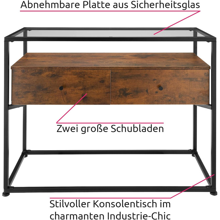 Консольний стіл Tectake з 2 ящиками та полицями, індустріальний стиль, скляна стільниця, 101,5x41,5x80,5 см, дерево, метал