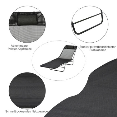 Outsunny Sun Lounger Садовий шезлонг Relax Lounger на 2 ноги Шезлонг чорний складний для саду, тераси та балкона