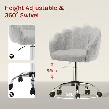 Крісло WOLTU для офісу та дому, крісло до туалетного столика з підлокітниками у вигляді пелюсток, поворотне з роликами, регульоване по висоті, для робочого кабінету, спальні (Світло-сірий, кашеміровий матеріал)