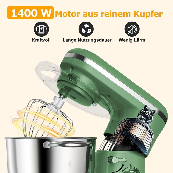 Кухонна машина AUMATE 1400W, 6.2 л, оливковий, з міксером та гаками для тіста