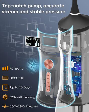 MySmile LP221: Бездротовий ірigator для зубів з UVC стерилізацією, 335 мл, OLED-дисплей, 4 режими, 8 насадок, для дому та подорожей, чорний