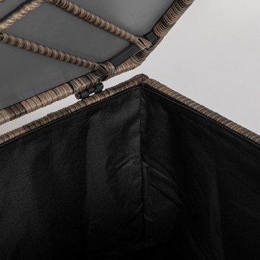 Ящик для подушок з поліротангу, тканинна внутрішня оббивка, легке відкривання/закривання, металевий каркас, 75B x 75T x 70H см, Чорний