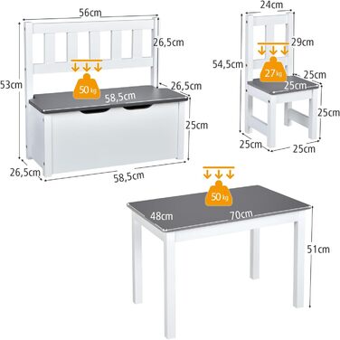 Дитяча меблева група COSTWAY з місцем для зберігання: стіл для малювання та 2 стільці, лавка, FSC-сертифіковане дерево, для дітей від 3 років (сірий)