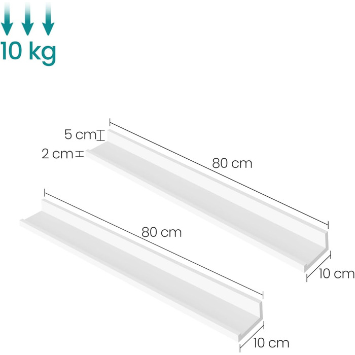 Полиця настінна SONGMICS, 2 шт, 10x80 см, біла - для книг, фото, в вітальню, спальню, ванну, кухню LWS080W01