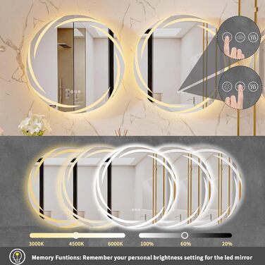 Круглий дзеркало для ванної кімнати LUVODI з підсвічуванням: LED дзеркало круглої форми 60 см з фоновою підсвіткою, 3 кольори світла, регулювання яскравості, сенсорна кнопка, запобігання запотіванню, енергозбереження, для ванної кімнати, для гостей, туале