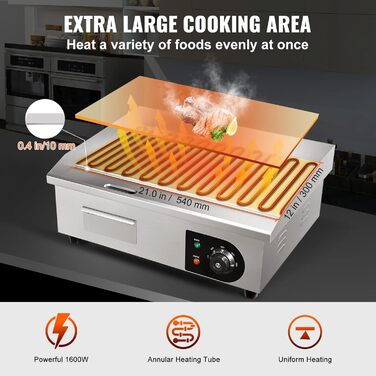 Електричний гриль VEVOR 54 x 30 см, 3000W, з регулюванням температури 50-300°C, для комерційного використання, легко чиститься