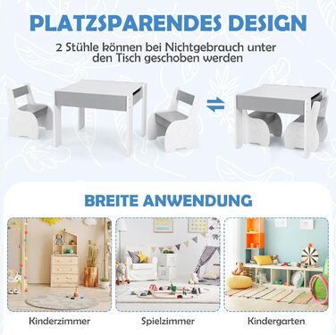 Дерев'яний дитячий стіл з 2 стільцями DREAMADE, 3-х частинний набір меблів для дітей, стіл з двосторонньою поверхнею та місцем для зберігання, набір меблів для хлопчиків та дівчаток (білий, світло-сірий)