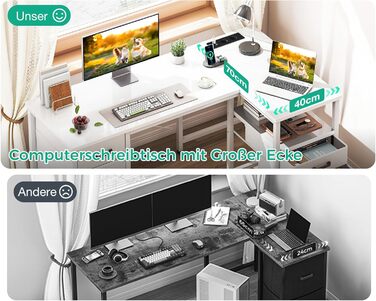 Комп'ютерний стіл Coleshome L-подібної форми з ящиками для документів, USB-роз'ємом та розеткою, для дому та офісу (білий, 140x70 см)