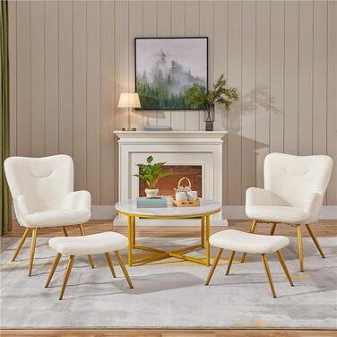 Крісло-навушник Yaheetech з пуфом з тканини Boucle, крісло для відпочинку з підставкою для ніг, розкладне крісло для вітальні/спальні, колір слонова кістка