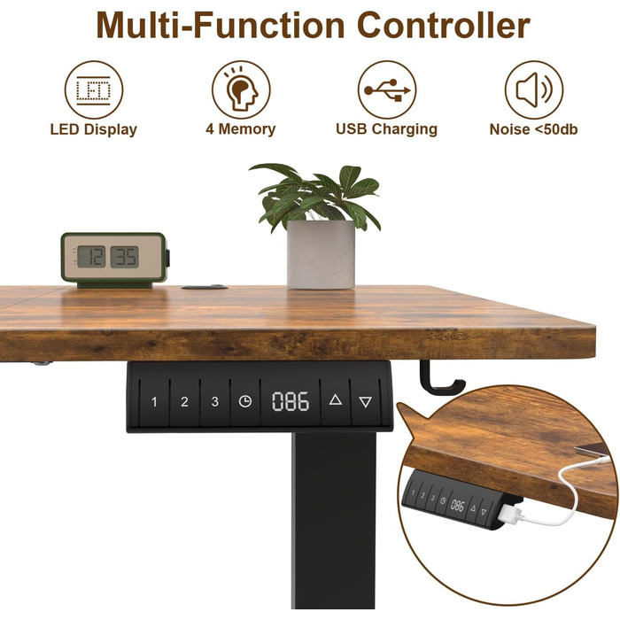 Електричний регульований стіл JUMMICO 160x80 см з підзарядною станцією, білий/коричневий, з кабелеуправлінням