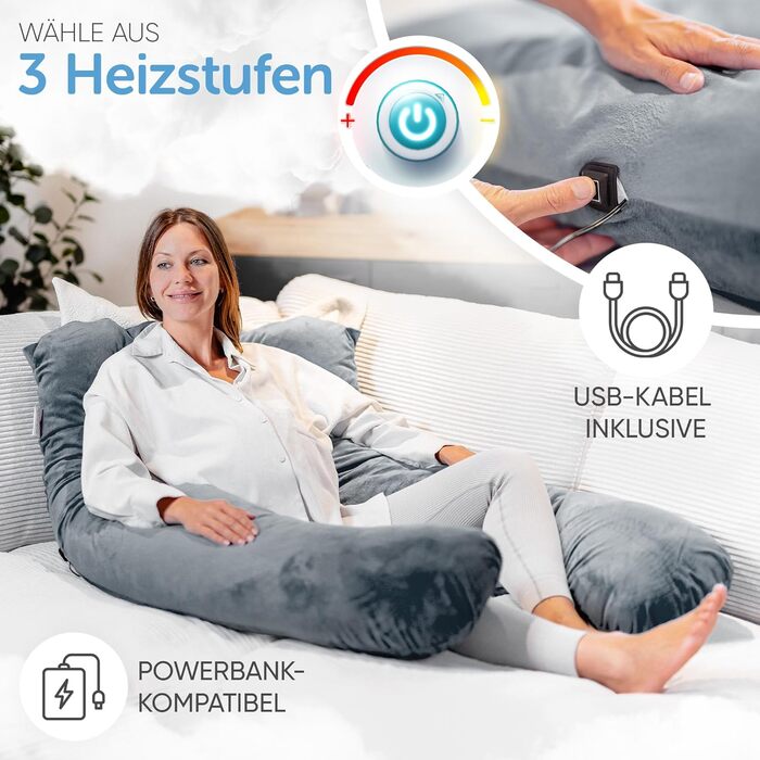 Подушка для сну на боці Lotus [З підігрівом] XXL, подушка комфорту, вагітна подушка, подушка для годування | (Світло-сірий)