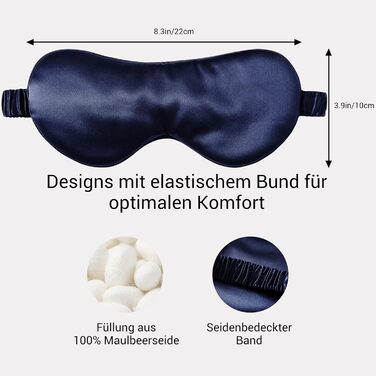 Сліпиця для сну з 100% натурального шовку морської кульбаби (22 momme), для сну, прохолоди, комфорту та повного затемнення. Шовкова стрічка, чиста шовкова наповнювач (Морська синя) - справжній 22 мм