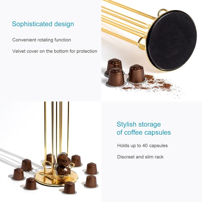 Тримач для капсул кави INTIRILIFE сумісний з Nespresso (40 шт) з заліза, золотий, 11.5 x 37.5 см, поворотний на 360°, для зберігання капсул