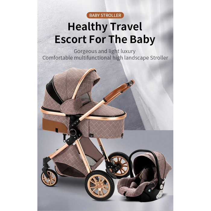 Дитяча коляска Glokid 3 в 1, комбінована коляска з подорожним системним набором, москітна сітка, дощовик, футм'юк, складна, положення для лежання, висока шасі (LV9 Рожевий)