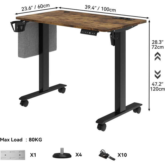 Електричне регулювання висоти. Письмовий стіл, 2 USB, розетки, 120x60x(72-120) см, зрощувальна дошка, підставка для рук з пам'яттю, сидячий/стоячий стіл, коліщатка на 360, (100x60x120см, вінтажний коричневий)