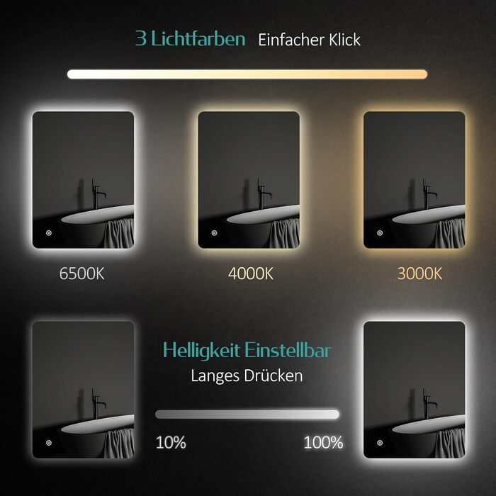 Дзеркало для ванної кімнати EMKE з підсвічуванням 40x60 см, антизапар, 2 кольори світла (тепле/холодне), вимикач-клавіша, IP44, енергозберігаюче, захищене від вибуху