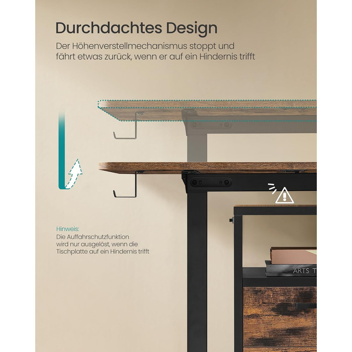 SONGMICS Стол письменний електричний, 160 x 70 см, регульована висота, 4 положення пам'яті, для офісу, вінтажний коричневий, LSD136K01