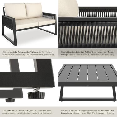 Набір садово-розсудних меблів tectake® Rope Design для саду/балкону: 2 крісла, диван, стіл з імітацією дерева, 4 посадочні місця, з подушками, вологостійкий