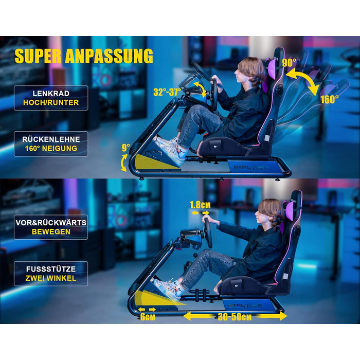 GTPLAYER Симулятор кокпіт для гонок, стійка для керма та педалей з динаміками (Ліловий)