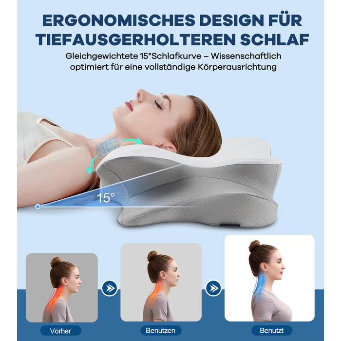 Подушка з піною з пам'яті DONAMA: ергономічна подушка для шиї, для сну на боці, спині та животі (сіро-біла, 63 x 38 x 14 см)