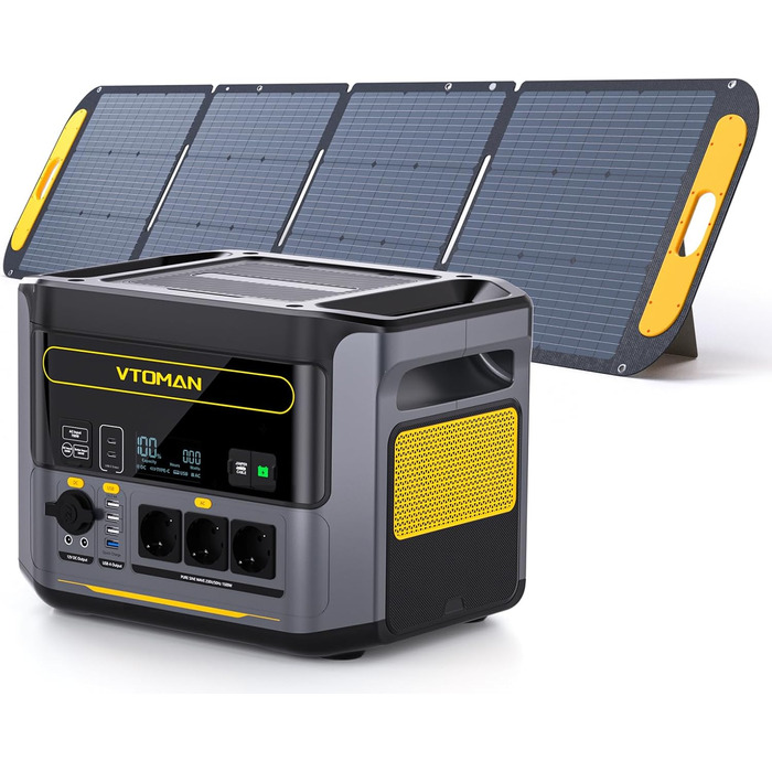 Портативна електростанція VTOMAN 1000W (2000W пік), 828Wh LiFePO4 з сонячною панеллю 110W, швидка зарядка 0-80% за 60 хв, розширювана до 2376Wh для надзвичайних ситуацій, кемпінгу, подорожей, автодому (FS1000+200W-A)