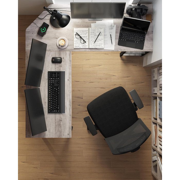 Письмовий стіл, L-подібний комп'ютерний стіл, 138 x 138 x 76 см, кутовий стіл з 2 полицями, компактний офісний стіл, ігровий, домашній офіс, легка збірка, вінтажний коричнево-чорний LWD72 шт. (сірий чорний)