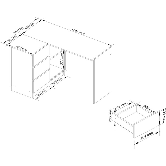 Стіл кутовий AKORD B-16 з 3 висувними ящиками та 2 полицями Письмовий стіл Кутовий стіл Кутовий стіл для домашнього офісу Легке встановлення W124 x H77 x D85, 48 кг (дуб ремісник)