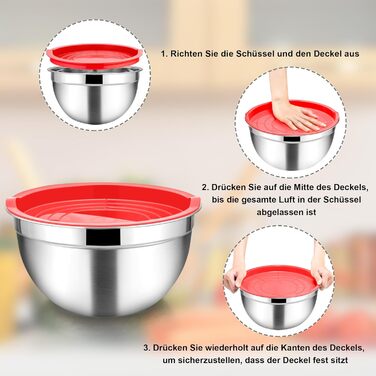 Набір мисок Homikit, 5 шт. з нержавіючої сталі, з кришкою та силіконовим дном, мультифункціональний, для салатів, 6.6L / 3.5L / 2.5L / 1.5L / 1L (червоний, з 3 тертками)