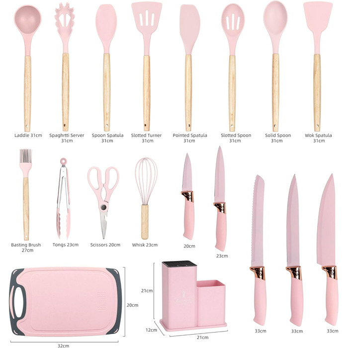 Набір кухонних ножів EliteHoff 19 предметів: 5 ножів, 12 аксесуарів, дошка та підставка – з нержавіючої сталі, з дерев'яними ручками, безпечний, для кухні, чорний (E-6072)