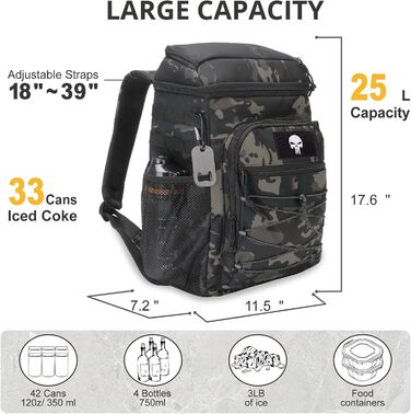 Тактичний рюкзак-холодильник 25L, витримує витоки, міцний, великий ланч-рюкзак, водонепроникний, для чоловіків, жінок, роботи, подорожей, кемпінгу, пляжу та піших прогулянок, чорний камуфляж