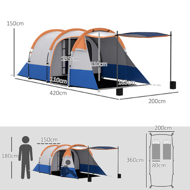 Outsunny Camping Tent, тунельний намет для 3 осіб, з легким гачком, тент, 2 кімнати, вітрозахисний сімейний намет із сумкою для перенесення, водовідштовхувальний висувний намет 2000 мм для кемпінгу, саду, помаранчевого