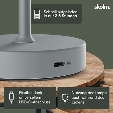 LED настільна лампа Skølm Aeriala: диммування, USB-C зарядка, тепле світло, до 10 годин роботи, метал, сірий колір