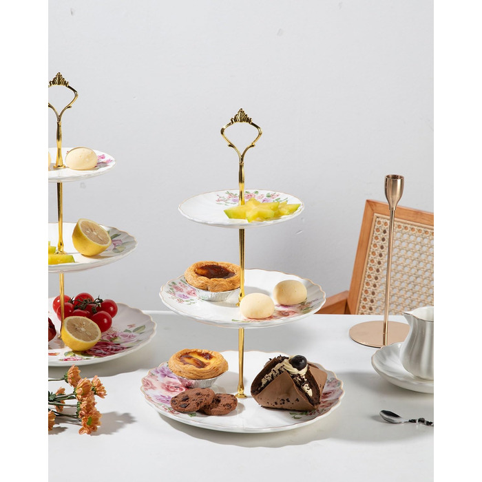 Стійка для тістечок Sweejar Home з кераміки, 3 яруси, для весілля, десертів, капкейків, чаювання, сервірування їжі (Рожева троянда)