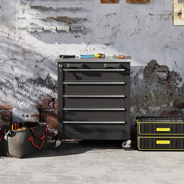 Шафа для інструментів з 5 висувними ящиками, колісна інструментарна скринька, інструментальний візок зі сталі, сріблясто-чорний